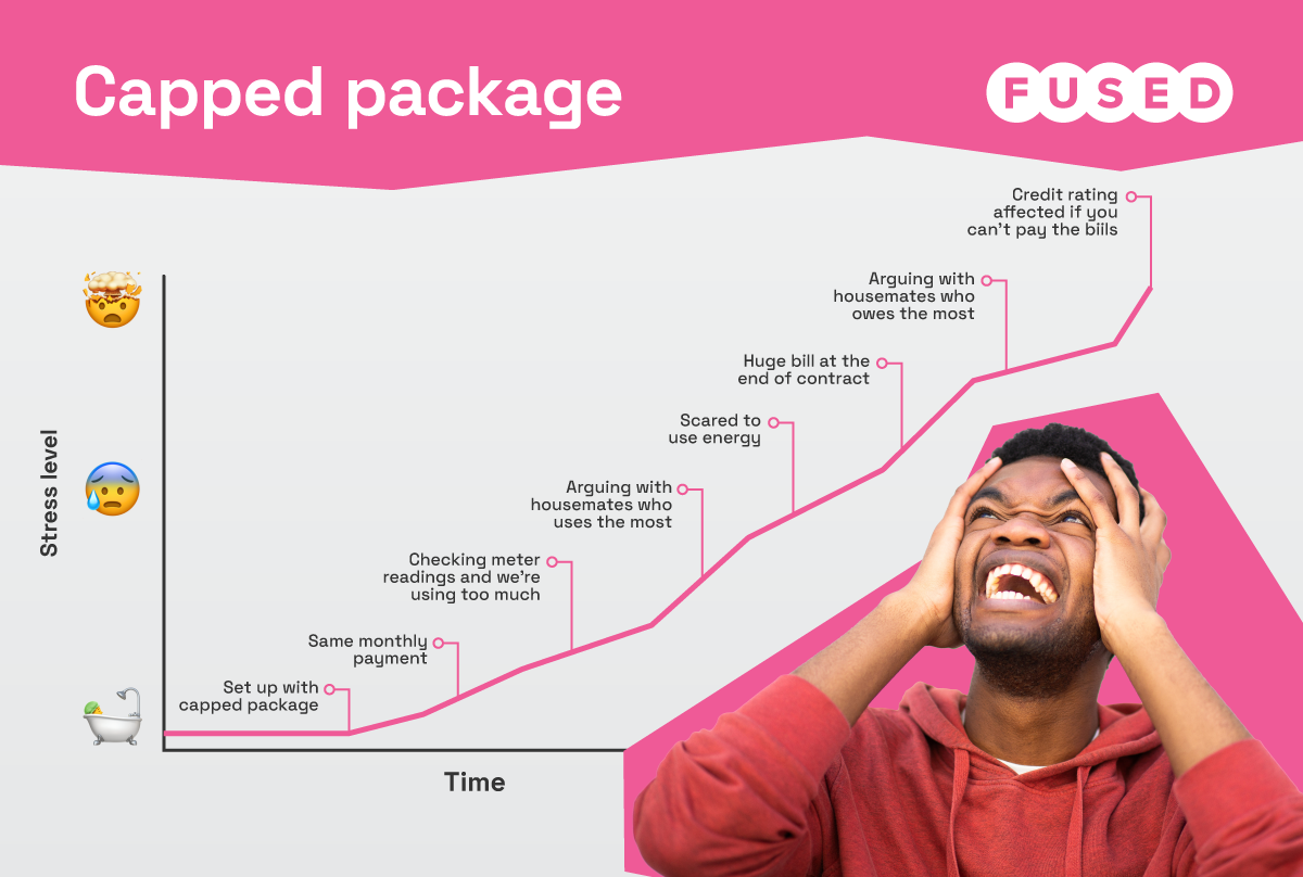 A graph titled 'capped package' showing time vs. stress levels - a melodramatic student in the bottom right corner screams and looks at the sky. The highest point is "credit rating affected if you can't pay the bills"